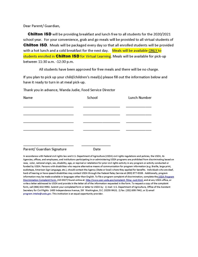Chilton ISD Annual Child Nutrition Notification