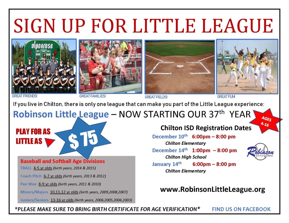 Little League Baseball Flyer Chilton ISD