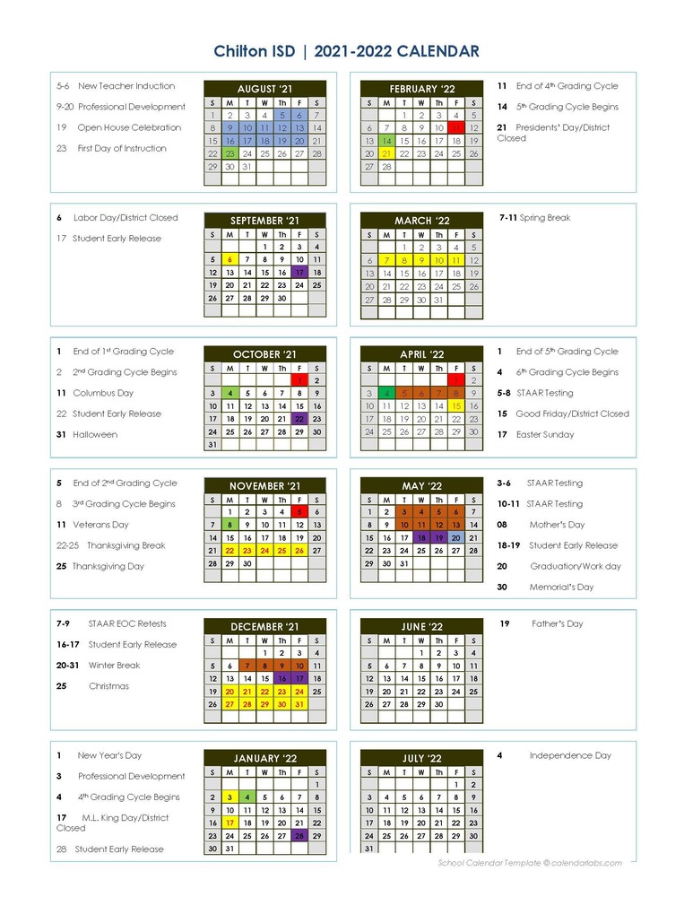2021-2022 Chilton ISD Calendar