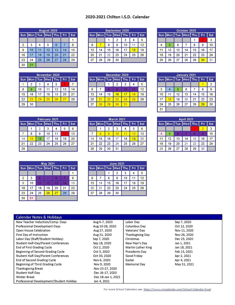 20202021 School Calendar (UPDATE) Chilton ISD