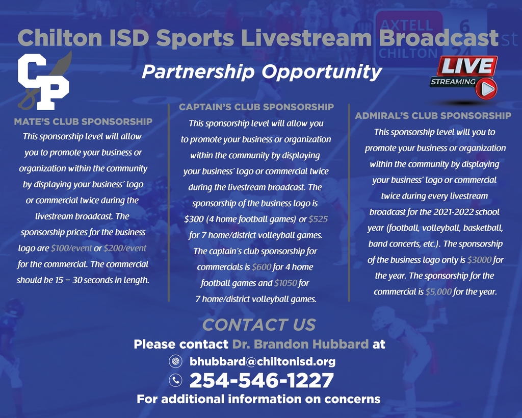 Chilton ISD Live Sports Broadcast Advertising Opportunity